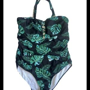 Yonique 1-piece tummy coverage Swimsuit swimwear black/green plus size 18W NWT